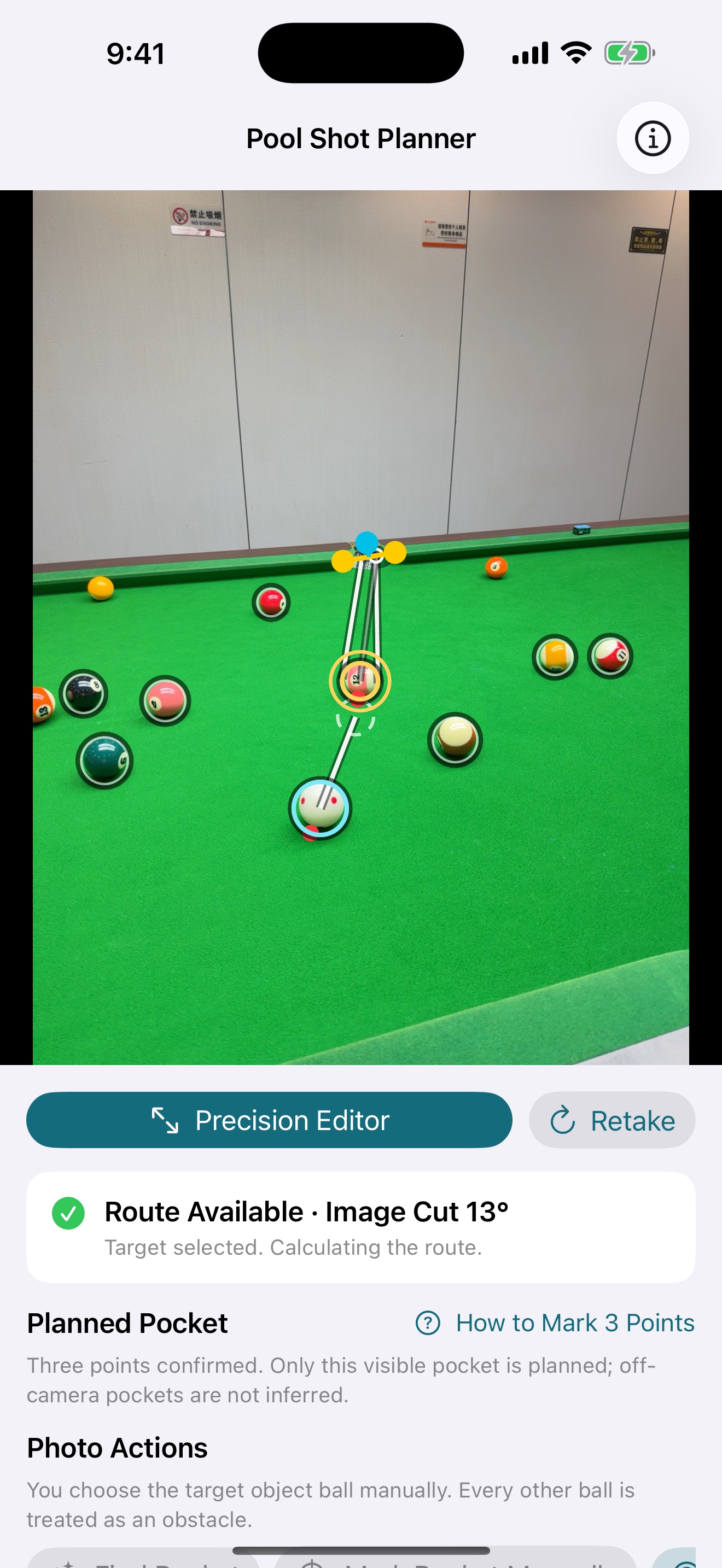 Pool Shot Planner showing a direct route over a pool table photo